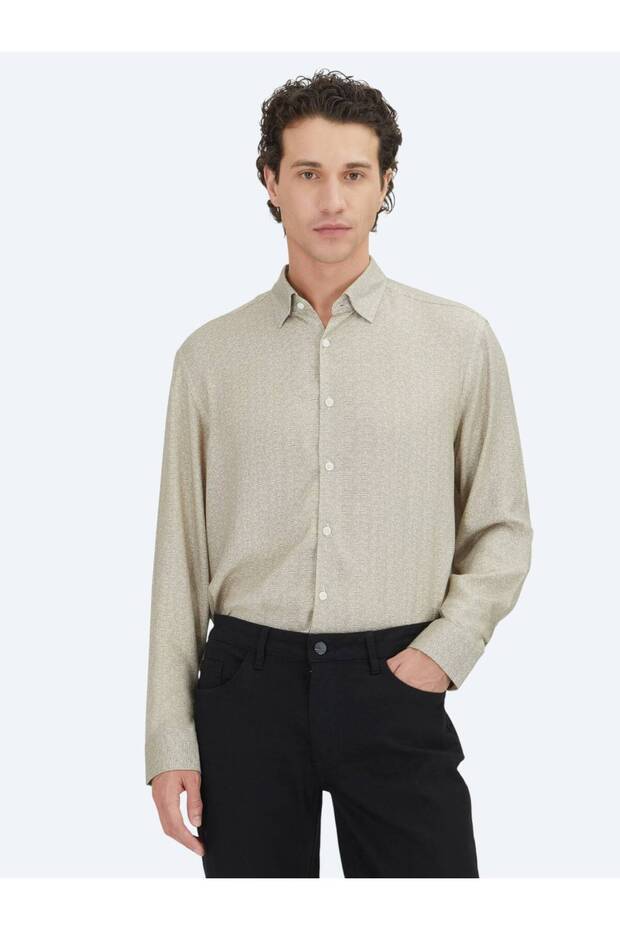 Beige Regular Fit Long Woven Casual 100% Cotton Shirt