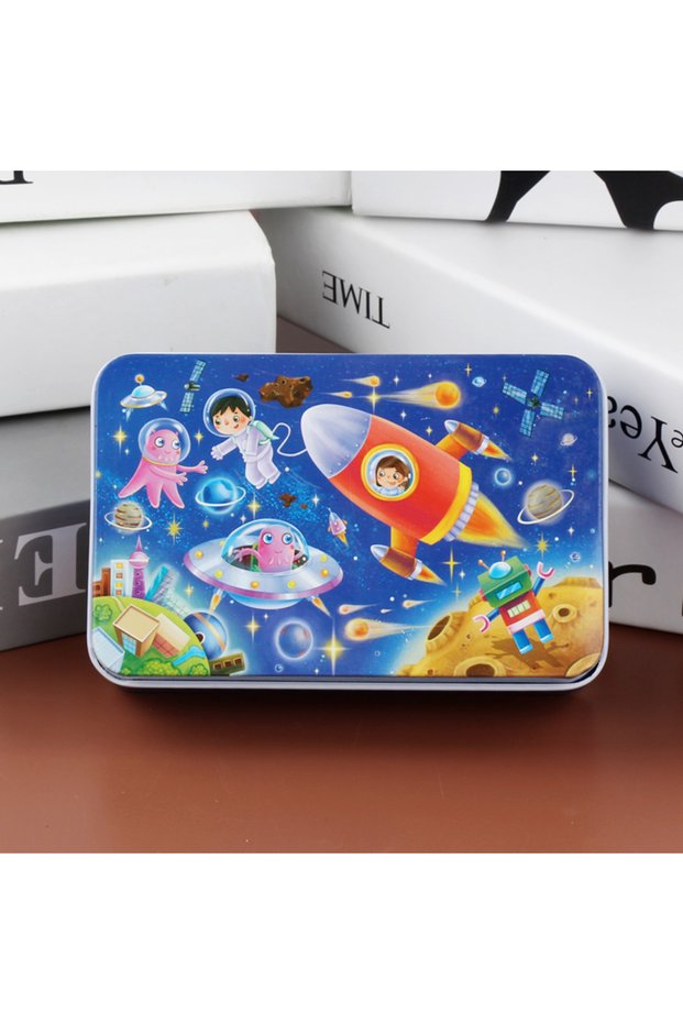 space 60pcs Jigsaw Cartoon Puzzle With Metal Box, Children's Early Education Animal Vehicle Puzzle,