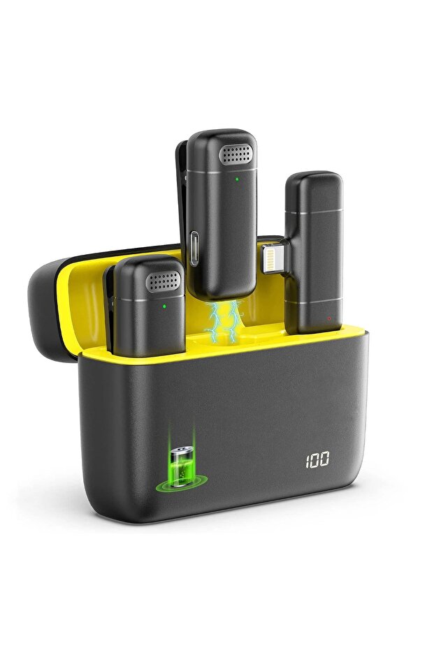 2in1Yellow IOS 2in1 K30 Wireless Lavalier Microphone Charging Case Mic Portable Video Recording for