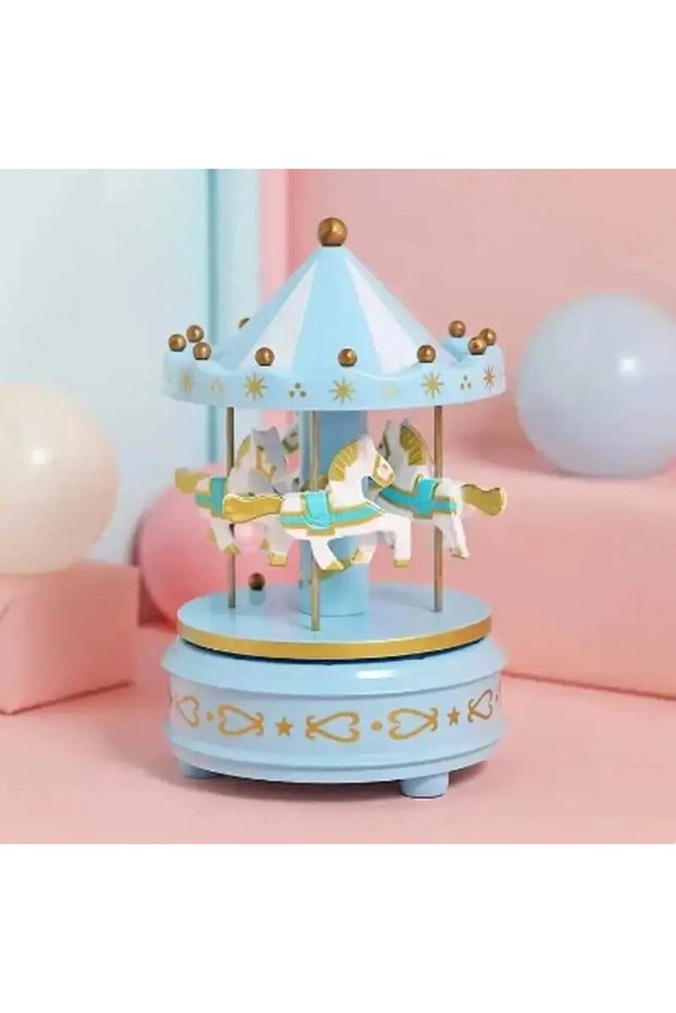 Blue Carousel Music Box Cake Decorative Ornament Baby Birthday Gift Toys Desktop Decorative Ornament
