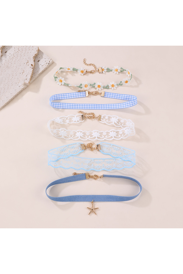 Blue 5pcs/set Charming Lace & Plaid Floral Choker – Soft Ribbon Tie Necklace for a Sophisticated Loo