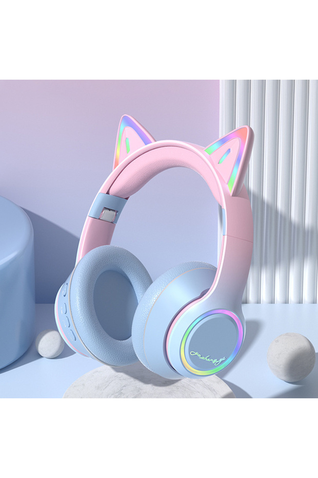 Blue RGB Cat Ear Bluetooth Headphones For Girls Gradient Wireless Headphones With Microphone Stereo