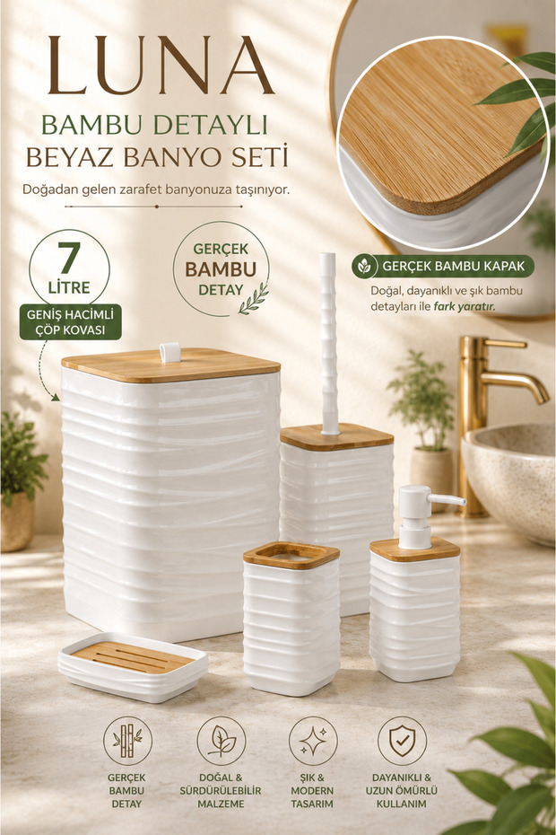 Hgy Home Real Bamboo Detailed Luna White 5-Piece Bathroom Set - 7 Liters