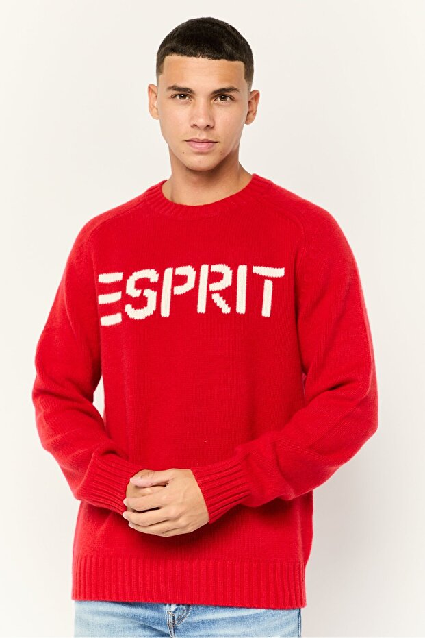 Men Ribbed Collar Long Sleeves Embroidered Logo Sweaters, Red