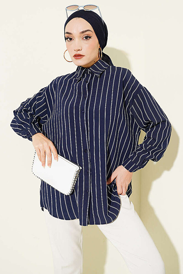 Women's Striped Oversize Shirt 1346 - Navy Blue