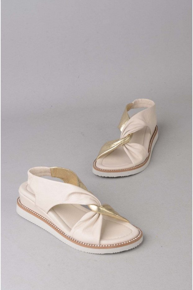 Seç 107614 Stone Detail Genuine Leather Women's Sandals Beige-Gold