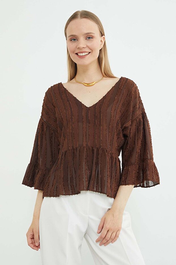 Textured V-Neck Casual Blouse