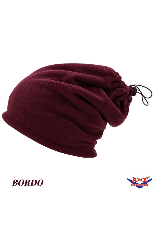 Winter Burgundy Unisex Hat with Drawstring Fleece Neck Collar That Can Be Used as a Beanie