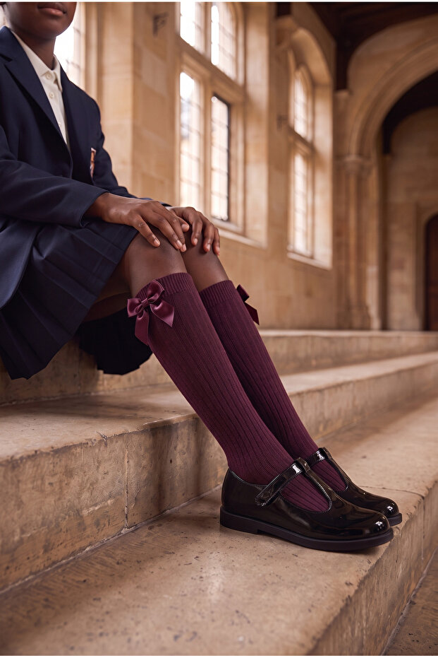 Girl's Ribbon Bow Ribbed Purple Knee-Length School Socks