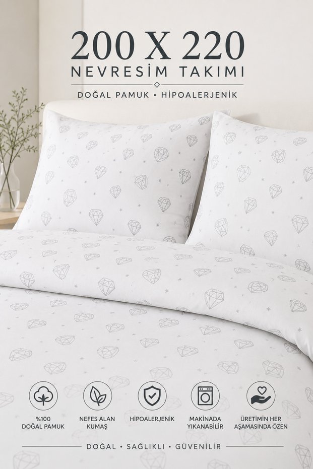 1St Quality Natural Anatolian Cotton Hypoallergenic Double Size 200 X 220 Duvet Cover Set Diamond