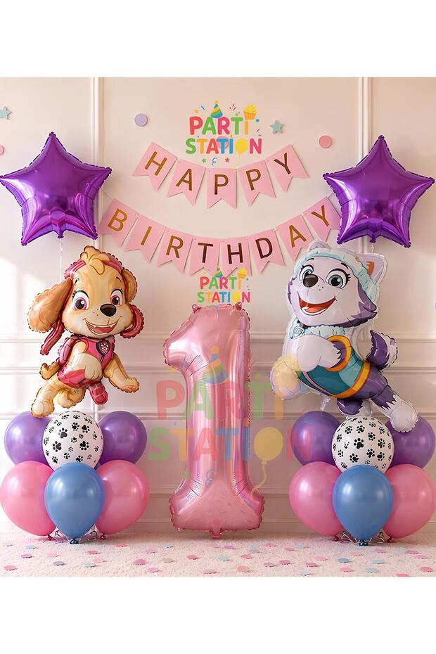 Paw Patrol Skye and Everest Concept 1St Birthday Party Balloon Set