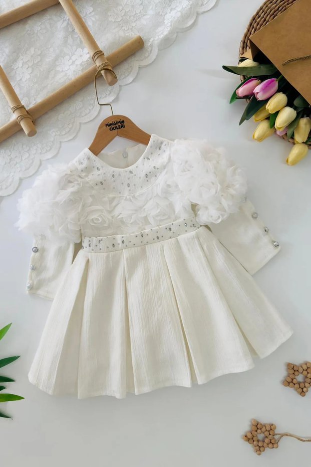 My Little Girl's Tulle Rose Detailed Stone Embellished Belted Girl's Dress - Ecru