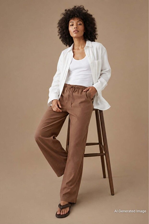 بنطال بني فضفاض بخصر مطاطي MG2020