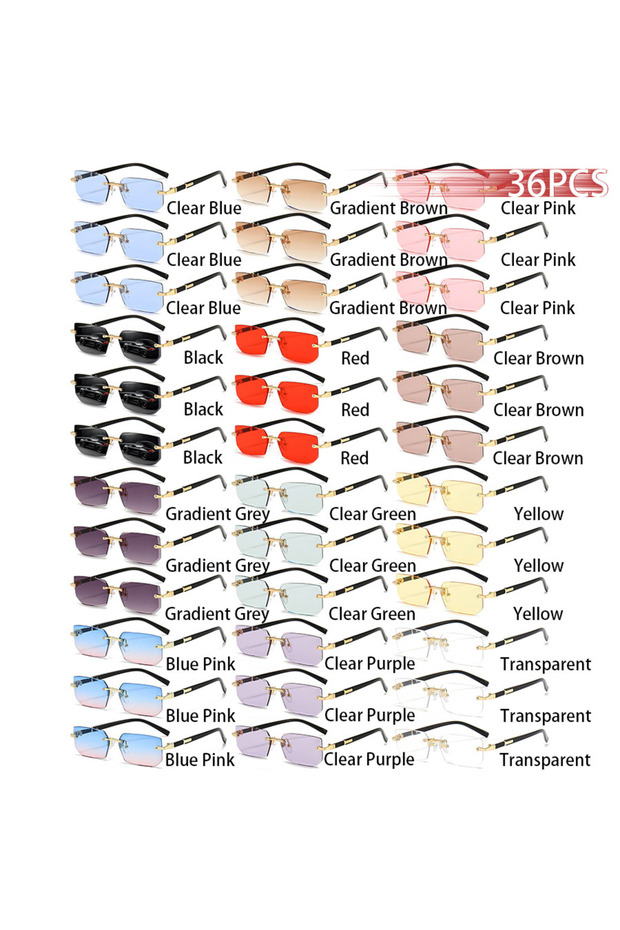 36PCS-3EveryColor 36PCS Rimless Sunglasses for Men and Women, Rectangle Gradient Lens, Metal Frame,