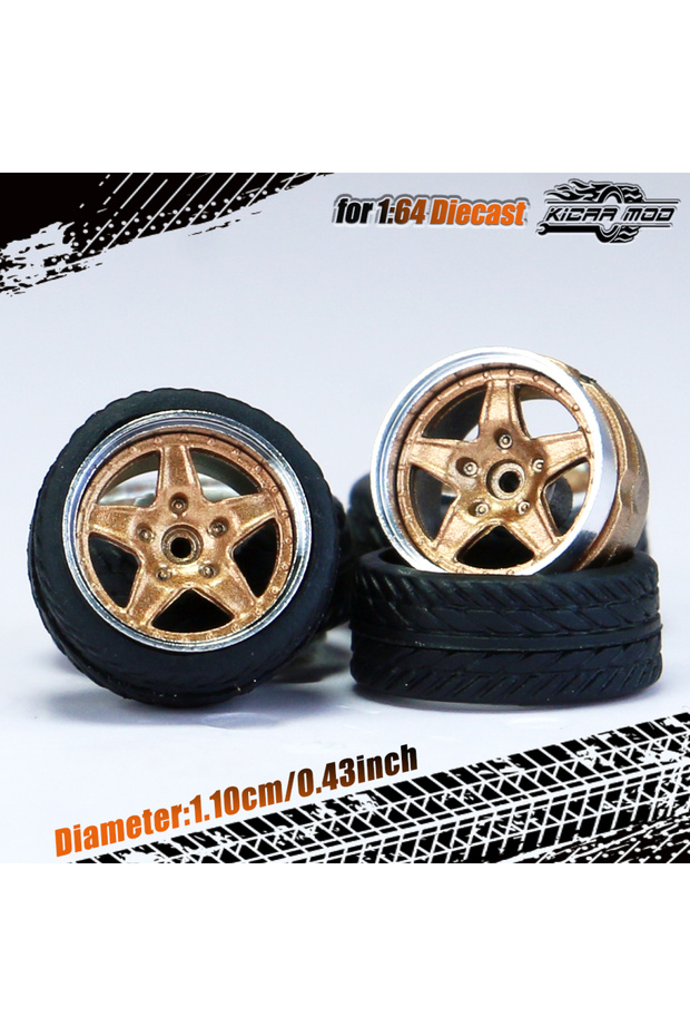 Bronze Kicarmod 1/64 Model Car ABS Wheels with Rubber Tire Rivet Axle Metal Rims Diameter 11mm Refit