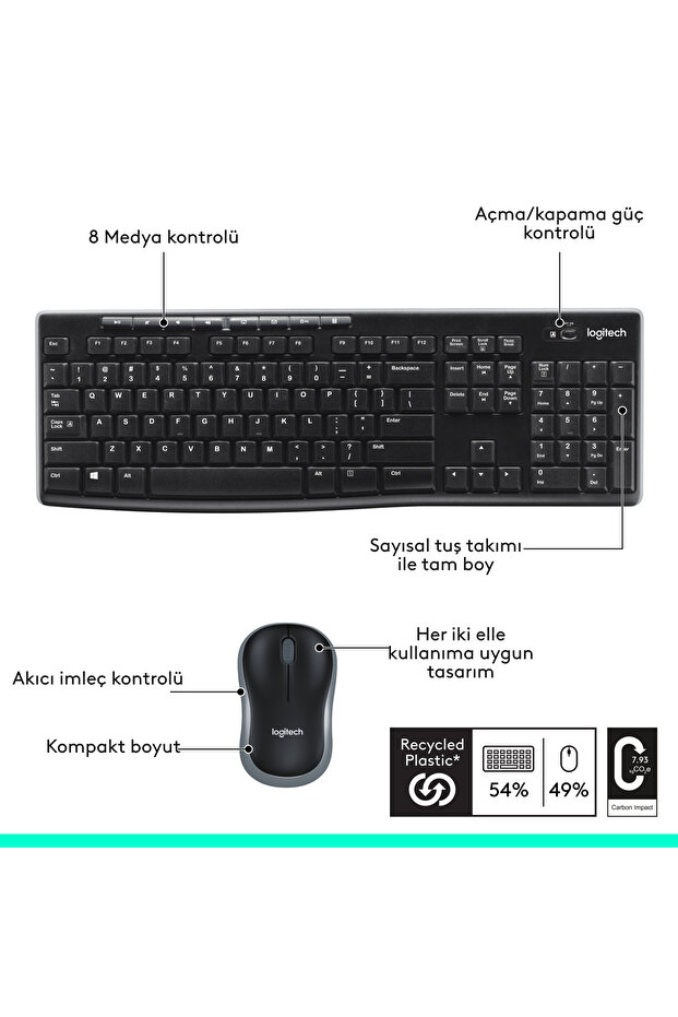MK270 Kablosuz USB Alıcılı Türkçe Q Klavye Mouse Seti, Siyah 920-004525 - 8