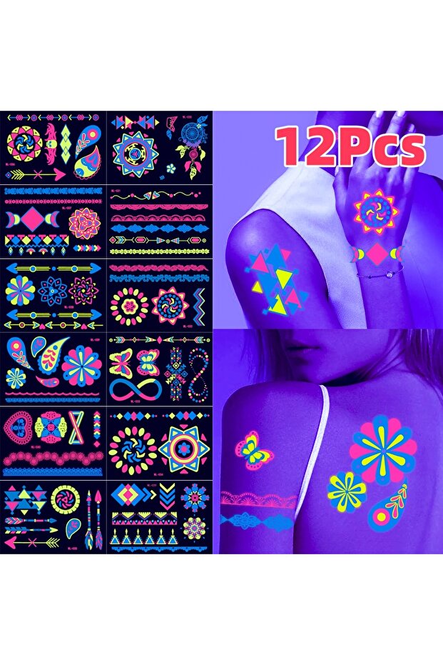 NL-WL-S7 4/8/12/24Pcs Fluorescent Face Stickers Flower Waterproof Glowing Temporary Tattoo Sticker F