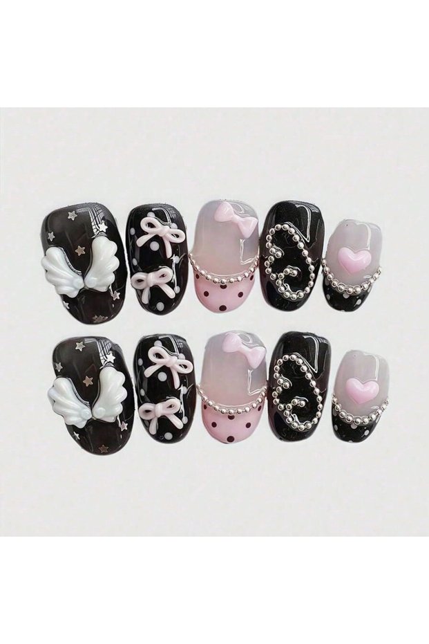 ATDX-S 10pcs Pure Hand Pressed Short Circular Nail Art, Beautiful Fake Nails, Sweet and Cool Pink Bo