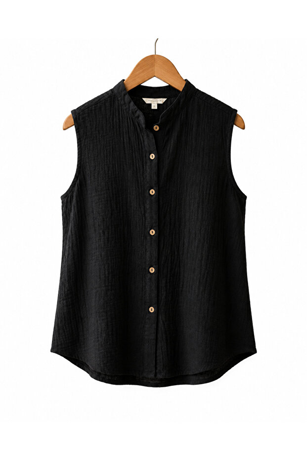 Women's 100% Cotton Muslin Judge Collar Sleeveless Buttoned Shirt Comfortable Fit Summer Blouse