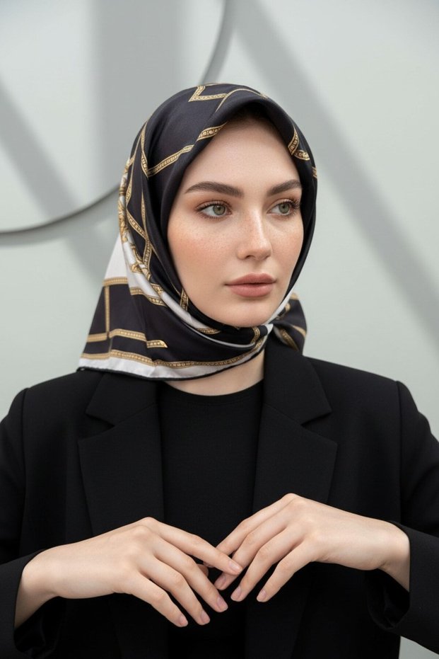 100% Twill Silk Geometric Patterned Black - Cream Colored 90X90 Scarf Sewing Shape: Hand Sewing