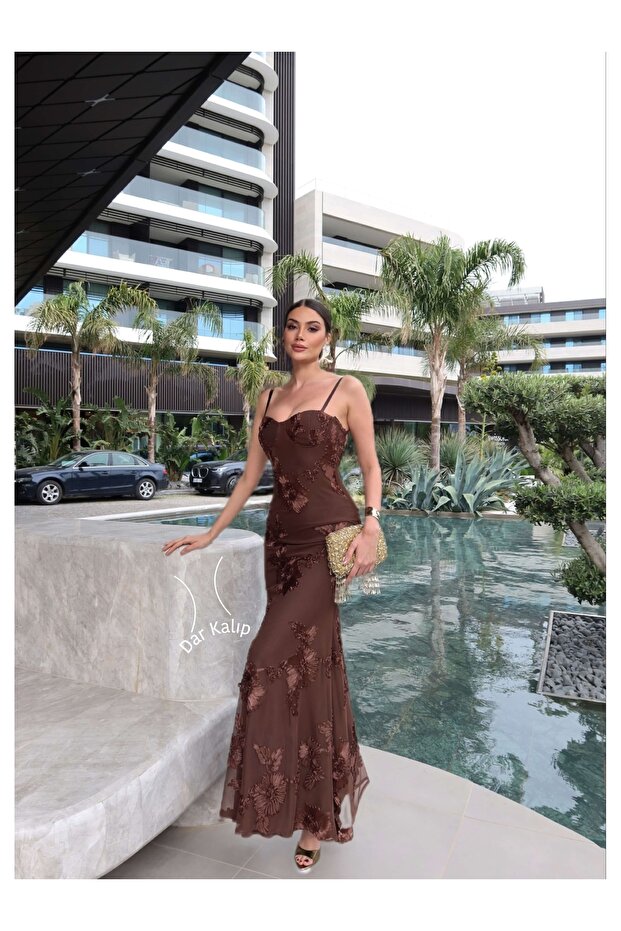 Eh Collection Strap Flower Embroidered Tulle Dress