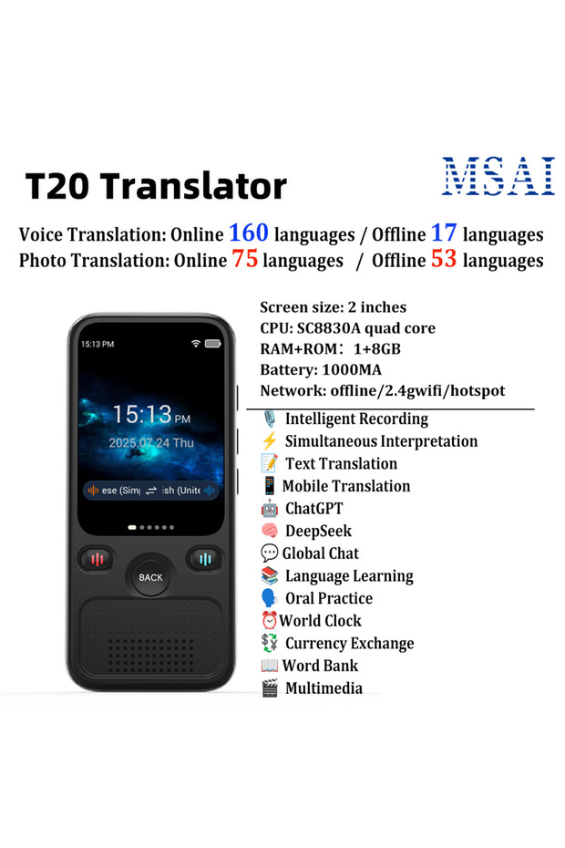 T20-Independent MSAI T20 Portable Translator 15 Offline Languages,T4 Bluetooth 131 Online Translatio