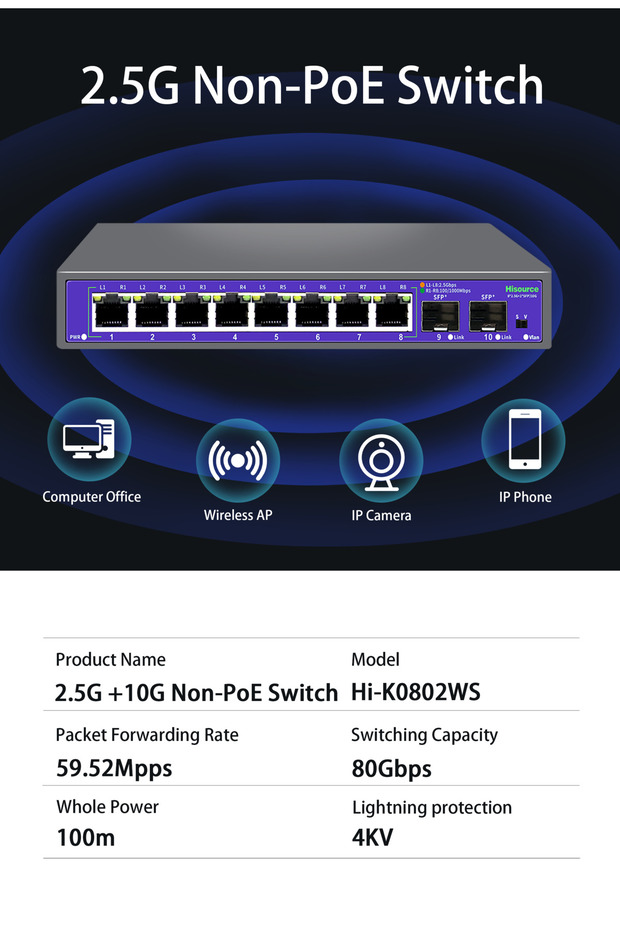 K0802WS قابس الاتحاد الأوروبي Hisource 5 8 منافذ 2.5G Ethernet Switch Non-POE Network Switch with 2*10G SFP+ for