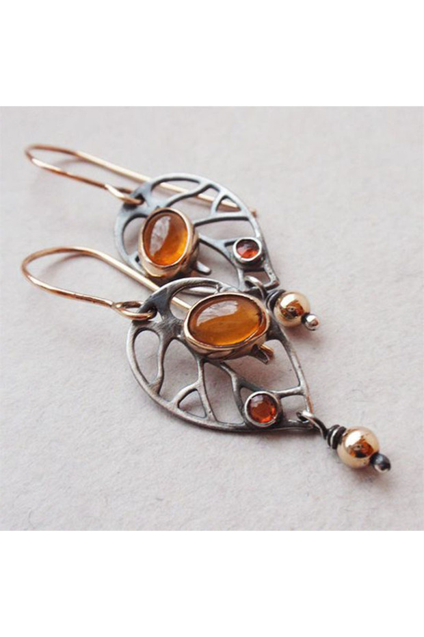 Style 1 1Pair Gypsy Retro Old Ancient Silver Plated Hollow Metal Orange Yellow Stone Dangle Earrings