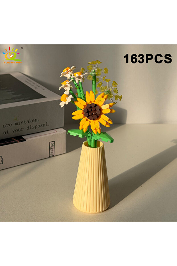 NO.7-6 HUIQIBAO MOC Eternal Flower Bouquet with pot Micro Building Block Sunflower Rose Mini Model B