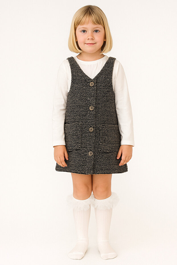 Girl's Buttoned Dress with Straps – Pockets, Textured Fabric