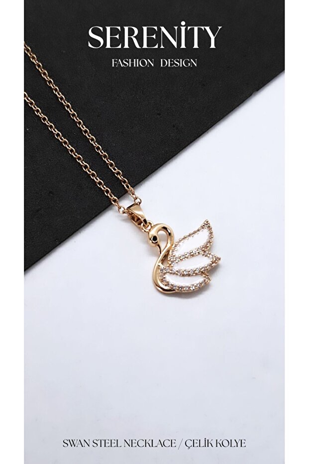 White Enamel Swan Steel Necklace