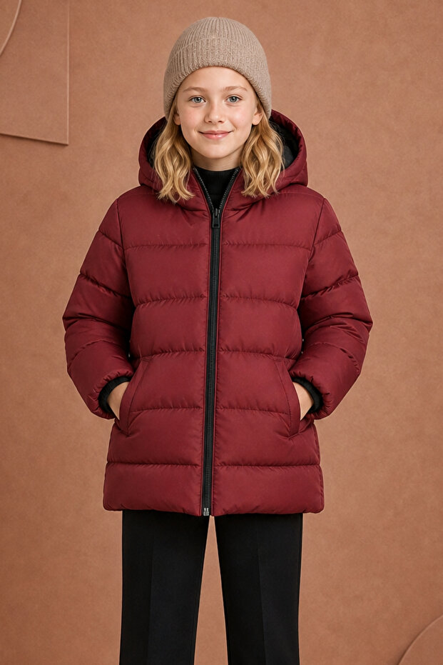 Girl's Fleece Sheepskin Hooded Waterproof Wind Resistant Inflatable Winter Coat with Pockets