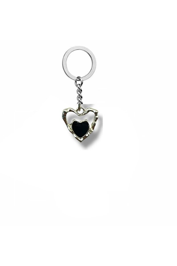 Heart Cut Black Stone Unisex Zamak Plated Keychain – Elegant and Durable Design