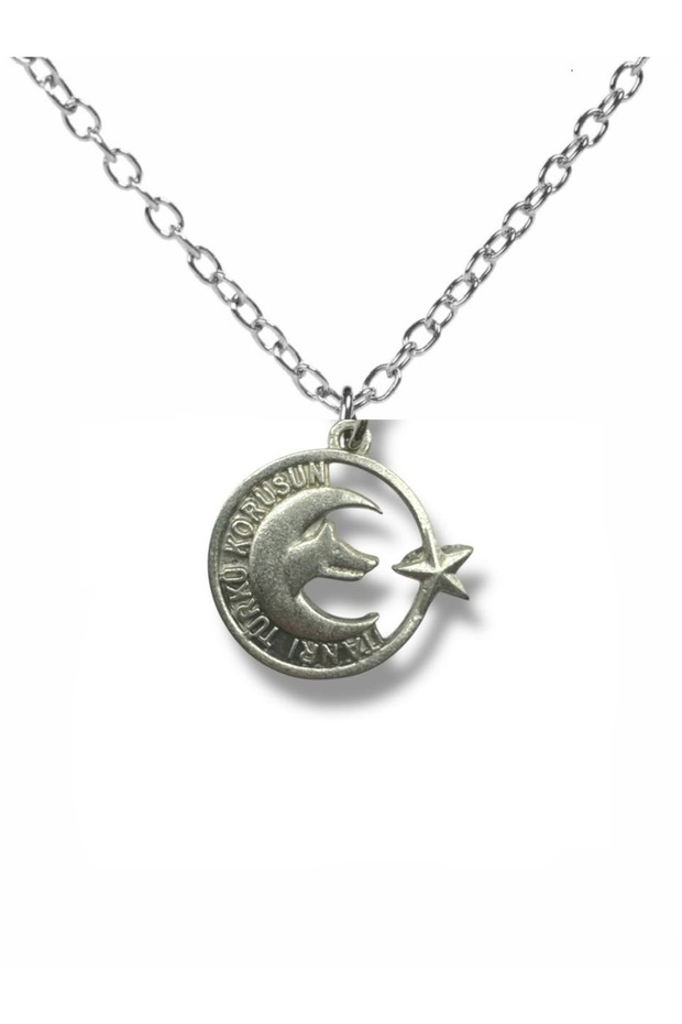 Gokturkish "God Bless Us" Written Moon Star and White Wolf Patterned Silver Color Unisex Necklace