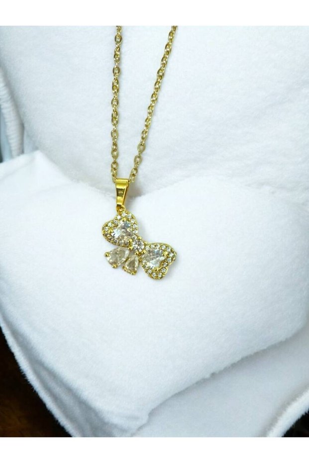 Bow Detailed Zircon Heart Stone Women's Necklace – Gold Color Stainless Steel, 55 cm Romantic Design