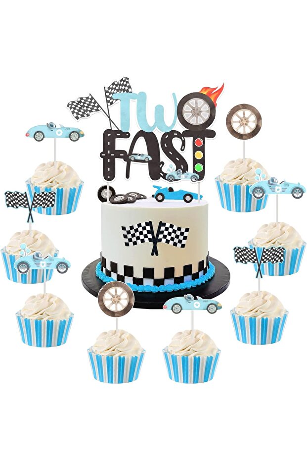 Blue Blue Race Car 2nd Birthday Cake Topper with Cupcake Toppers Double Sided,Let's Go Racing Flag 2