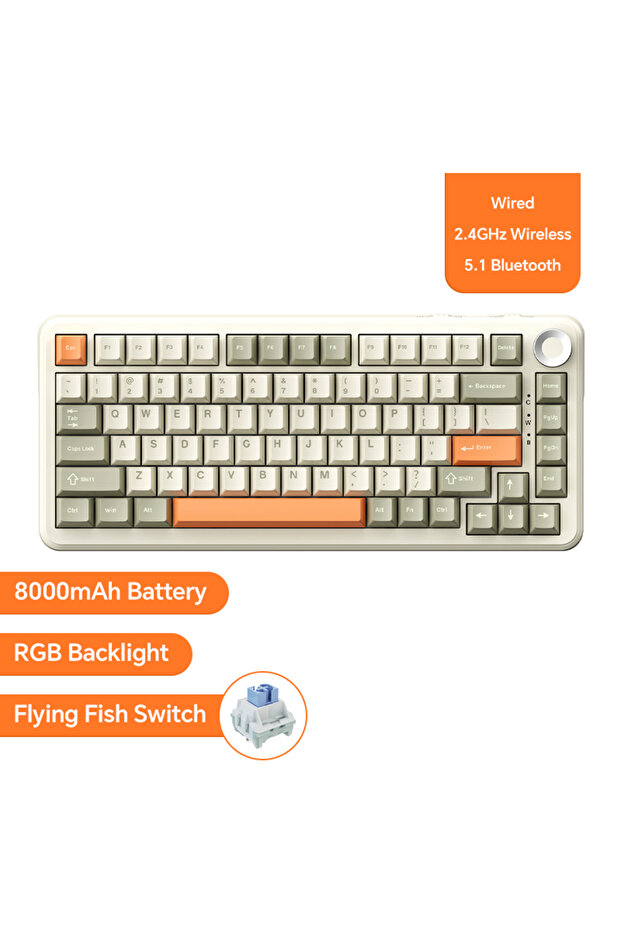 لوحة مفاتيح ميكانيكية لاسلكية Yellow-Fish Switch AK820/Pro بتقنية البلوتوث 5.1 و2.4 جيجاهرتز وUSB-C سلكية
