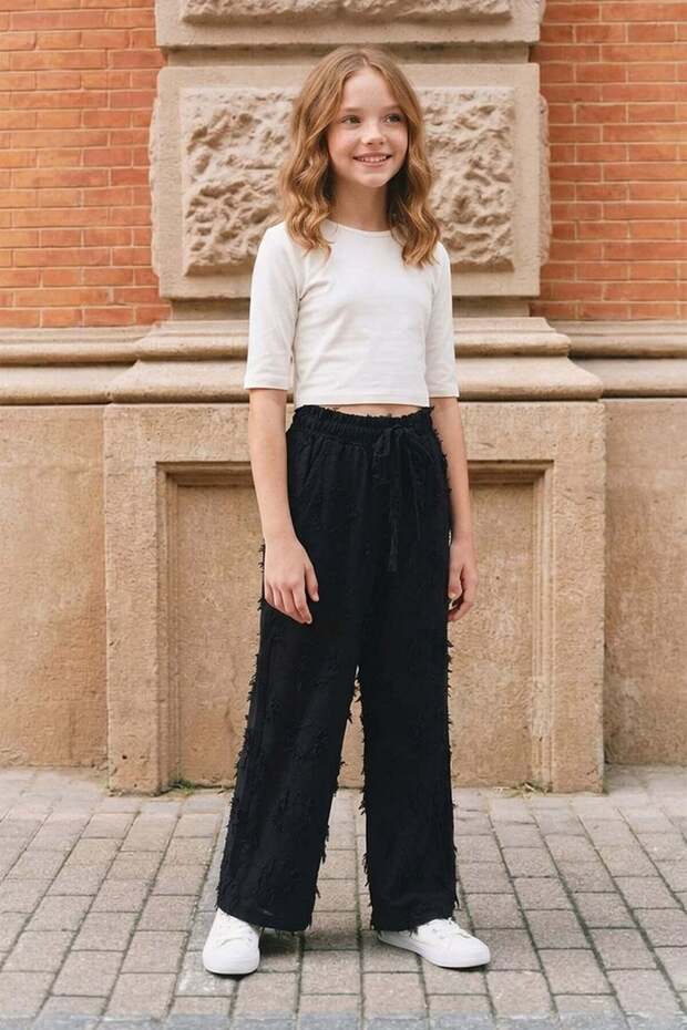 Girls' Palazzo Trousers with Tassels and Elastic Waist