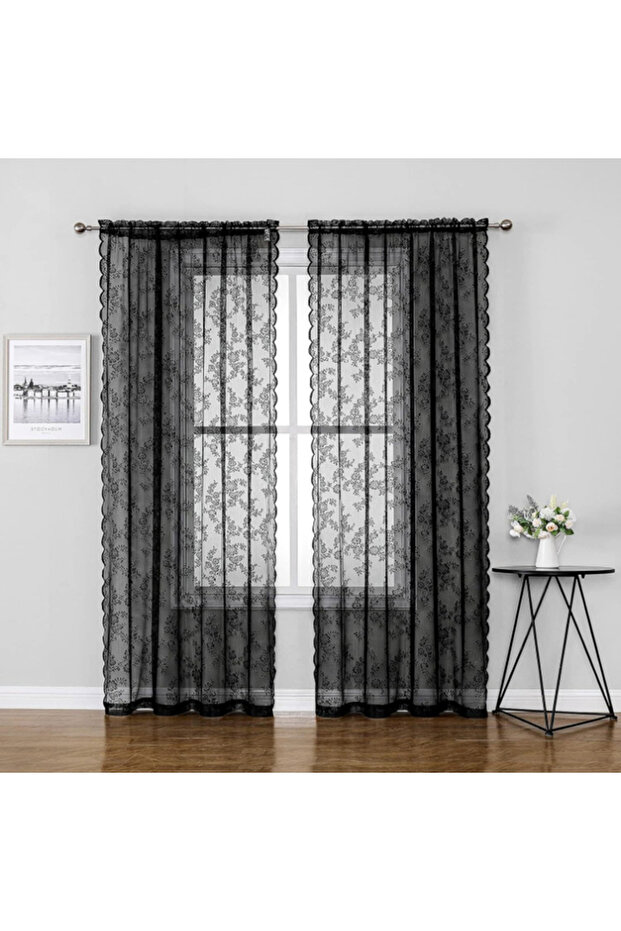 Fixed Pleat 100x183cm 1pc 1pc Black Lace Floral Botanical Aesthetic Curtains For Partition Curtains
