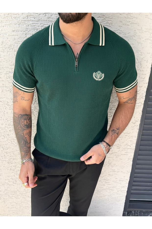 Zippered Polo Embroidered Knitwear Tshirt Green