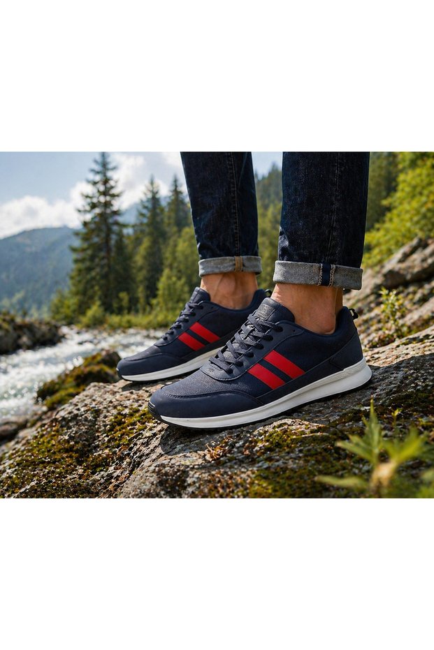 Navy Blue Red Striped Lace-Up White Sole Men's Sports Shoes