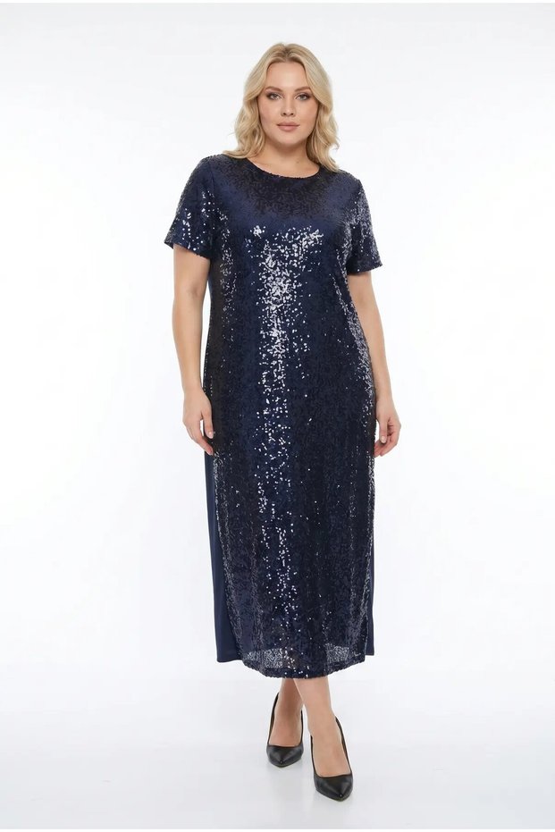 Women's Navy Blue Plus Size Sequined Long Evening Dress Stylish Dress Hzl26S-Pr11111
