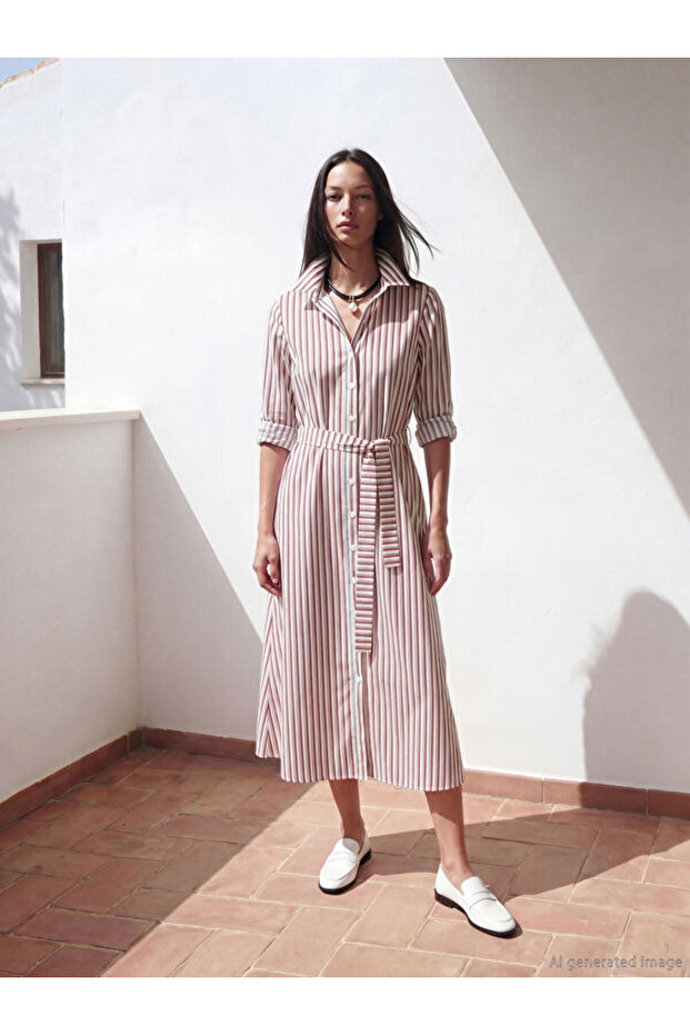 Belted Striped Shirt Dress
