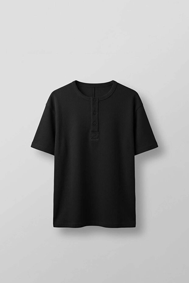 Men's Relaxed Fit Ribbed Knitted Buttoned Collar T-Shirt Black
