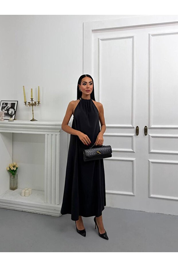 Premium Trend Neck Accessory Detailed Halter Neck Long Maxi Dress