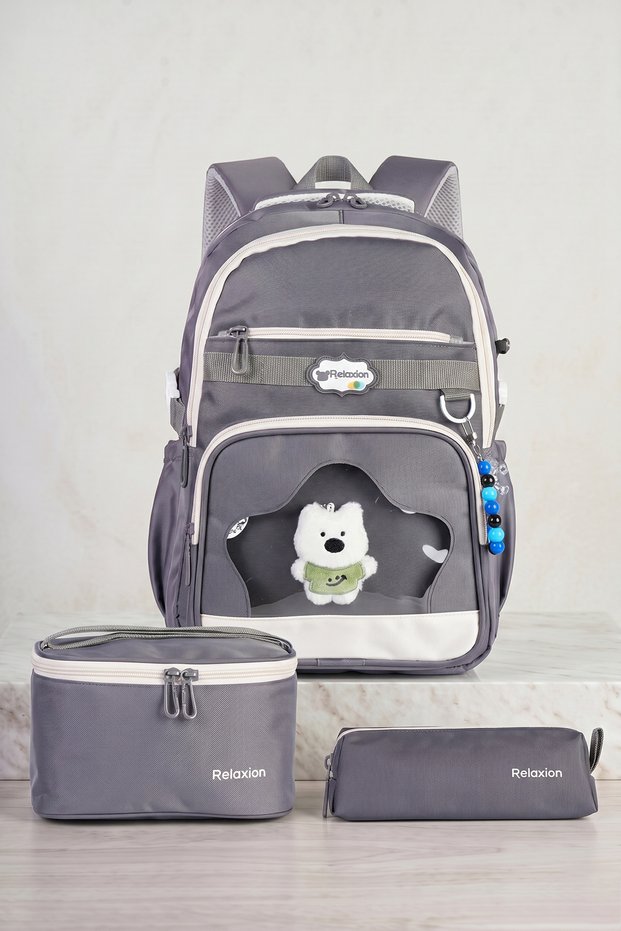 Relaxion 1920 Elementary School Boys' Smoked School Bag Set of 3 - with Lunch Bag, Pen Holder, and Plush Keychain