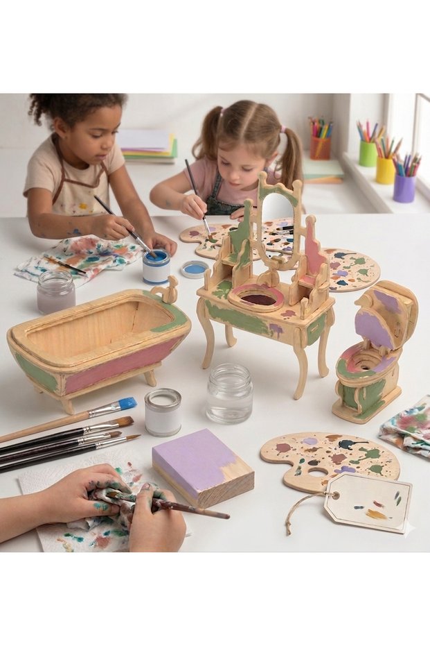 Wooden 3D Miniature Bathroom Furniture Set - Educational Model Design Series