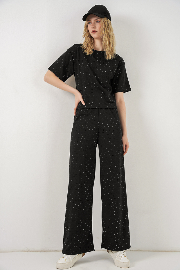 Women's Stoned T-Shirt Pants Double Set 30105 - Black