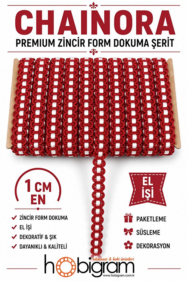 Red and White Chainora Premium Chain Form Woven Decorative Ribbon – 5 Meters