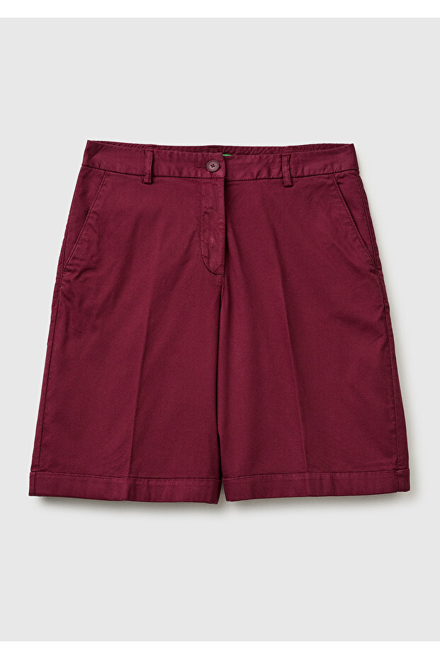 Women's Burgundy Cotton Blend Regular Fit Bermuda Shorts with Front Buttons
